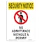 Signmission OSHA Security Sign, 10" Height, No Admittance Without, Portrait, SN-D-V-11716 OS-SN-D-710-V-11716 - alternate 1